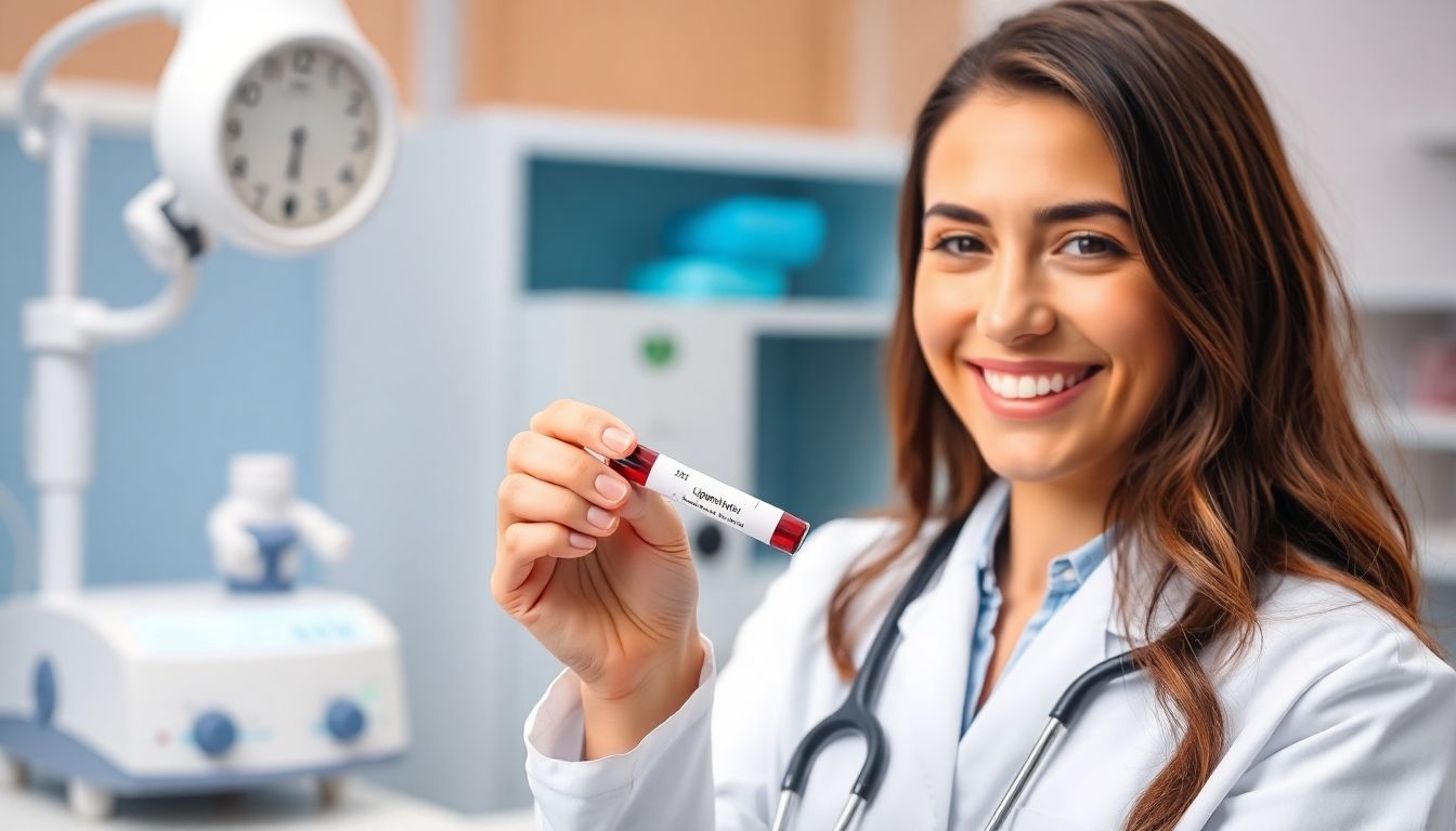 Friendly healthcare professional with a blood sample in lab.
