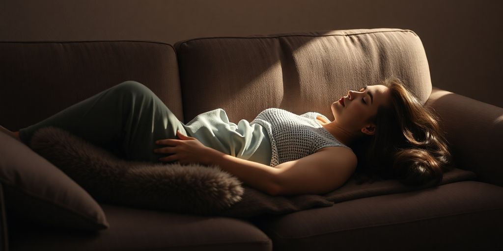 Person relaxing peacefully on a soft couch.