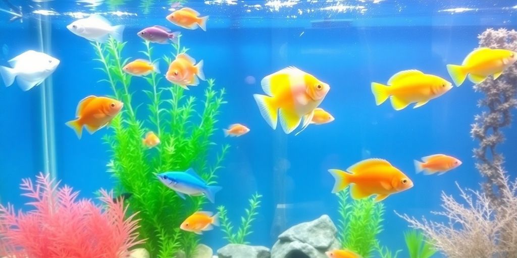 Acuario colorido con varios peces y plantas.