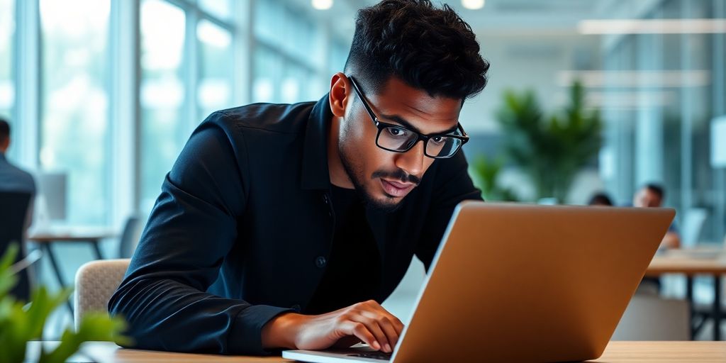 Young professional actively searching on a laptop.