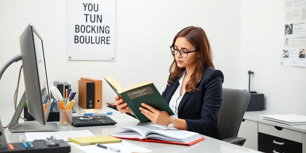 Woman reading at her desk, focused on self-improvement.