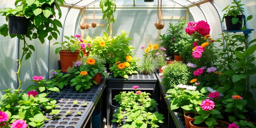 Compact greenhouse filled with vibrant plants and herbs.