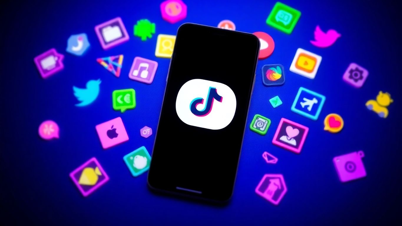Smartphone with TikTok app and colorful automation icons.