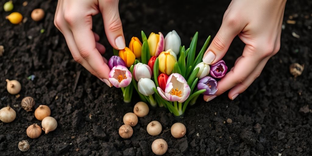 Frühlingsblumen-Zwiebeln werden in die Erde gesteckt.