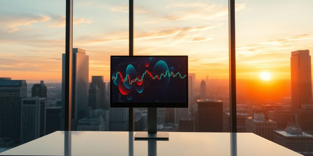 Sleek modern office, forex trading, cityscape background.