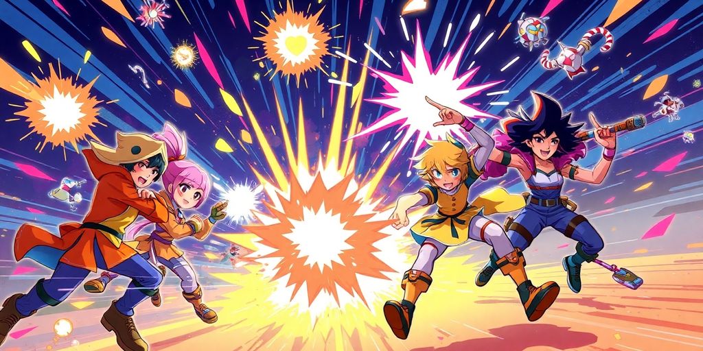 Mobile game battle, vibrant, energetic, action.