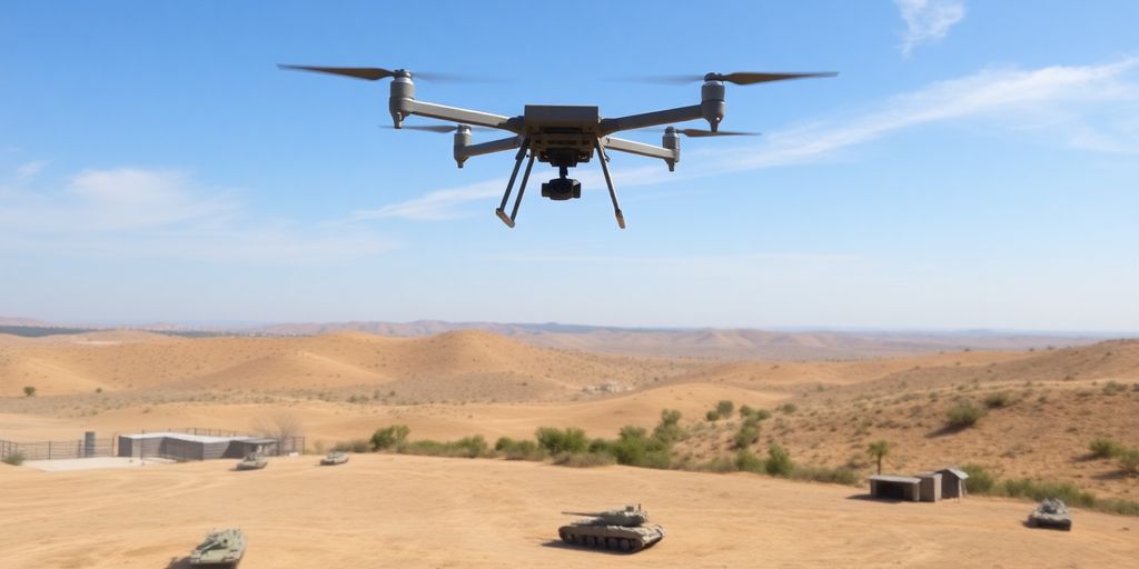 Drone au-dessus d'un paysage militaire