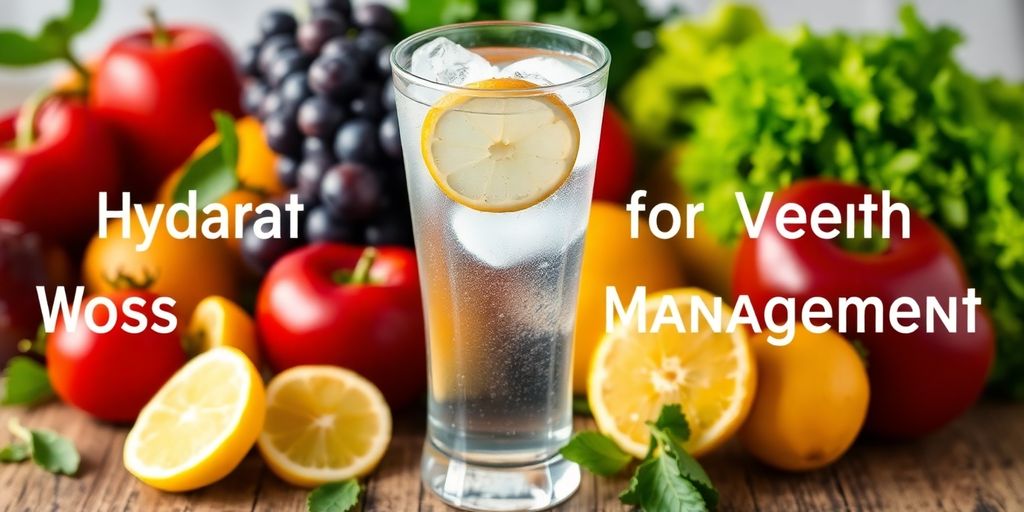 Glass of water with lemon and fruits on a table.