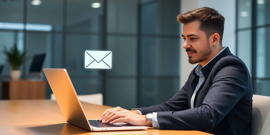 Person sending email, looking professional, with a computer.