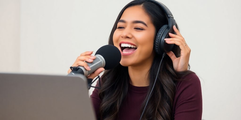 Woman singing happily with headphones and laptop.