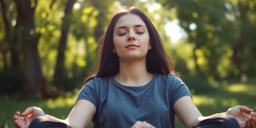 Person meditating peacefully in nature.