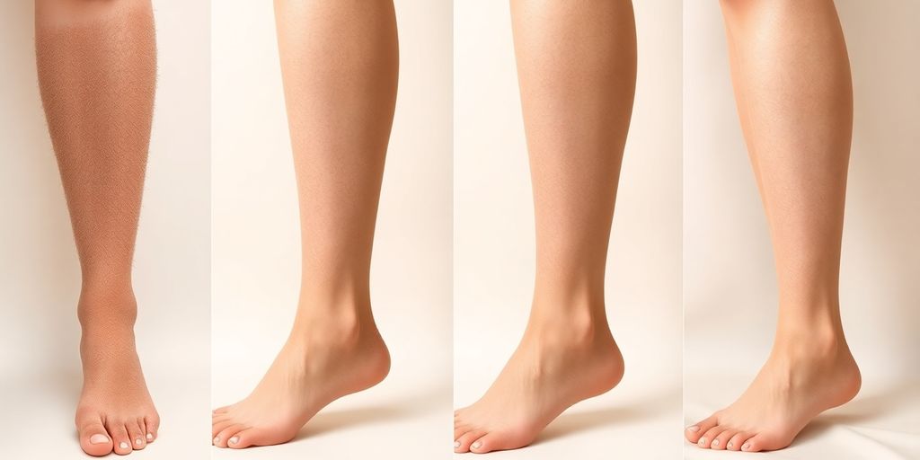 Four-panel female leg from stubble to smooth, bare hairless skin.