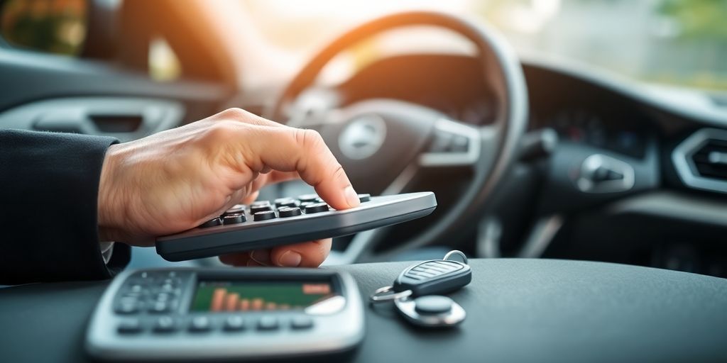 Calculator, car keys, blurred car interior.