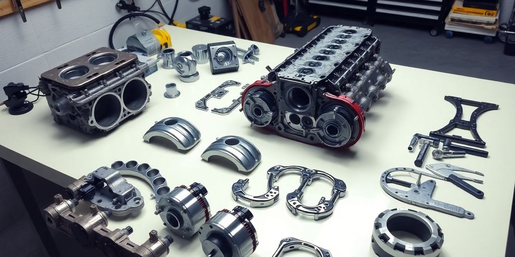 Chrysler 300C engine parts on workbench.