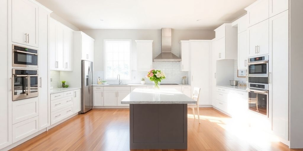 Modern kitchen with island, bright light