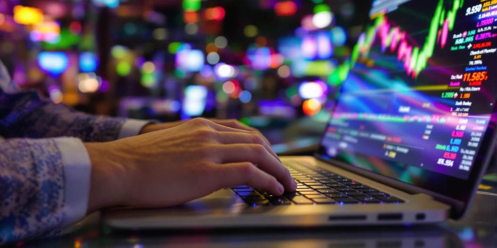 Trader focused on making quick decisions at a laptop.