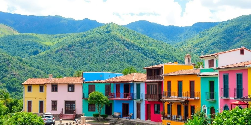 Colorful colonial buildings and lush mountains in South America.