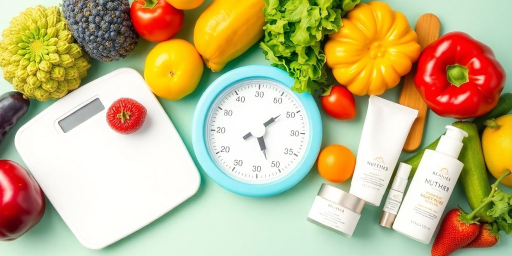 Fresh fruits, scale, and skincare products on a table.