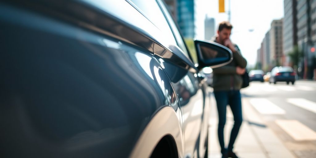 Person examining a parked car on a city street.