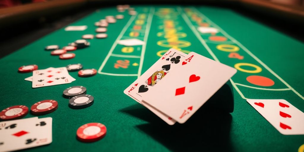 Baccarat table with chips and cards