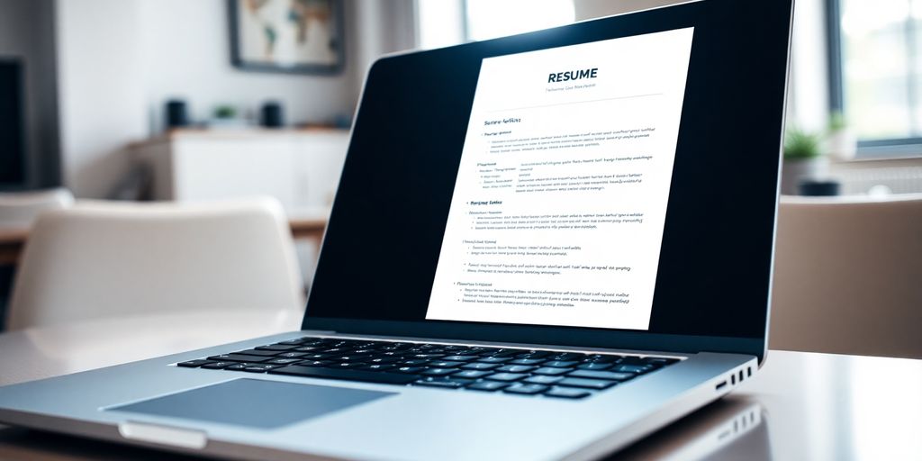 Laptop with resume on screen, bright light.