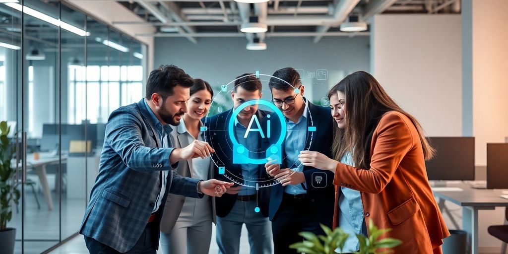 Profesionalci u modernom kancelarijskom okruženju koriste AI tehnologiju.