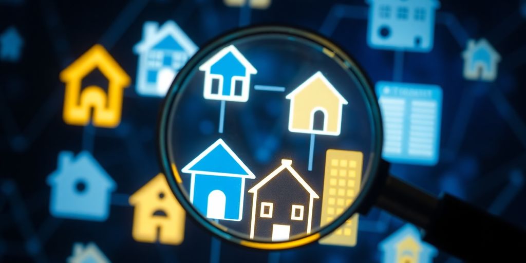 Magnifying glass over digital real estate icons.