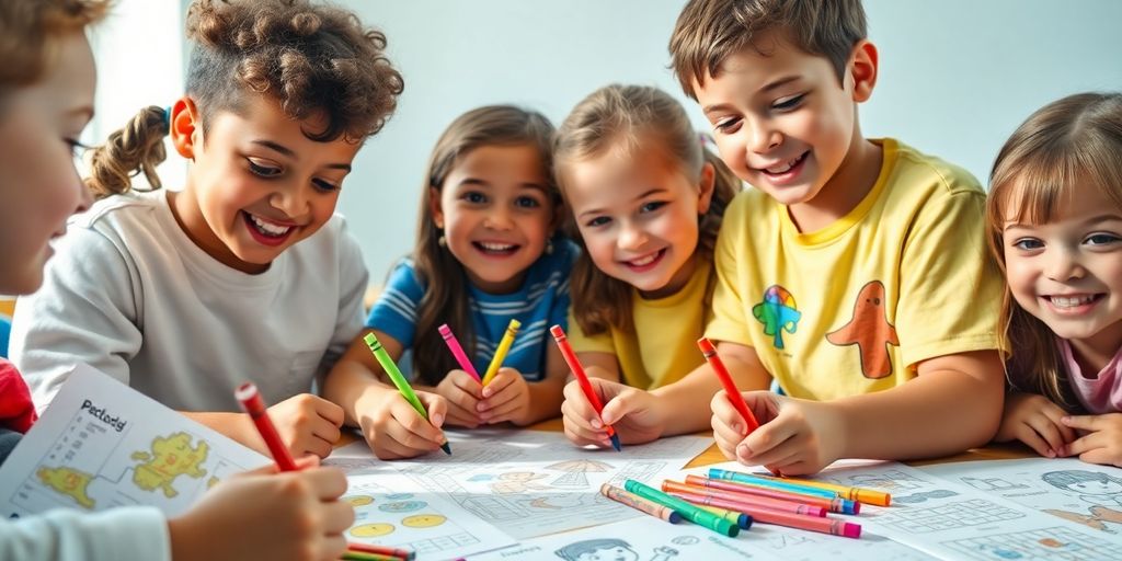 Kids color school-themed pages with crayons.