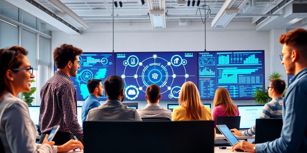 Diverse professionals collaborating with advanced AI technology in office.