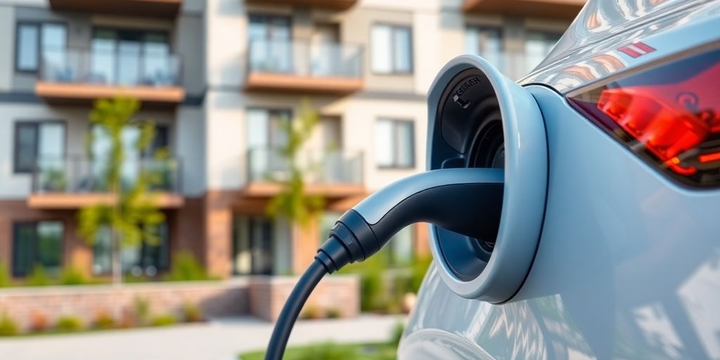 Electric car charging at apartment complex.