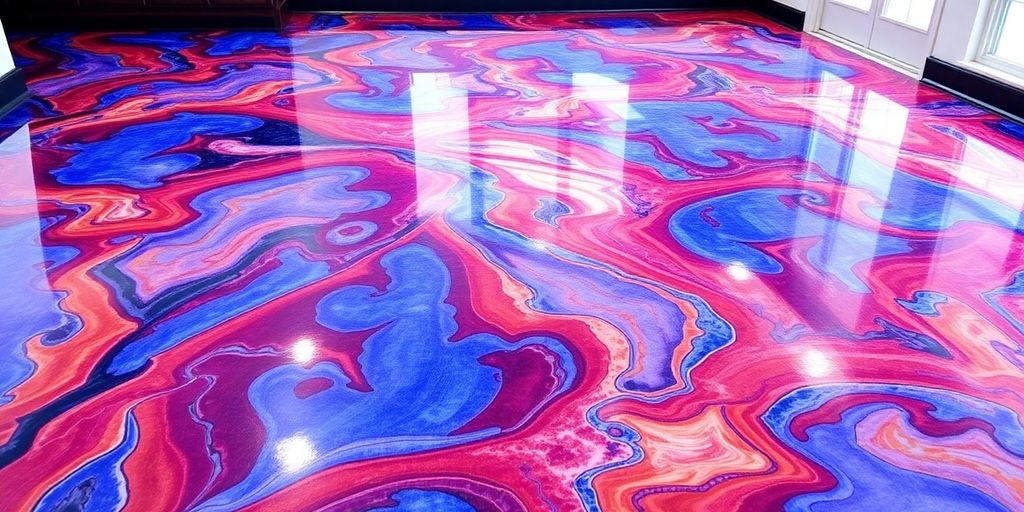 Glossy epoxy flooring with custom colors and patterns.