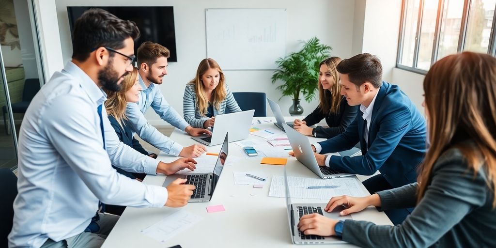 Équipe d'affaires discutant autour d'une table.