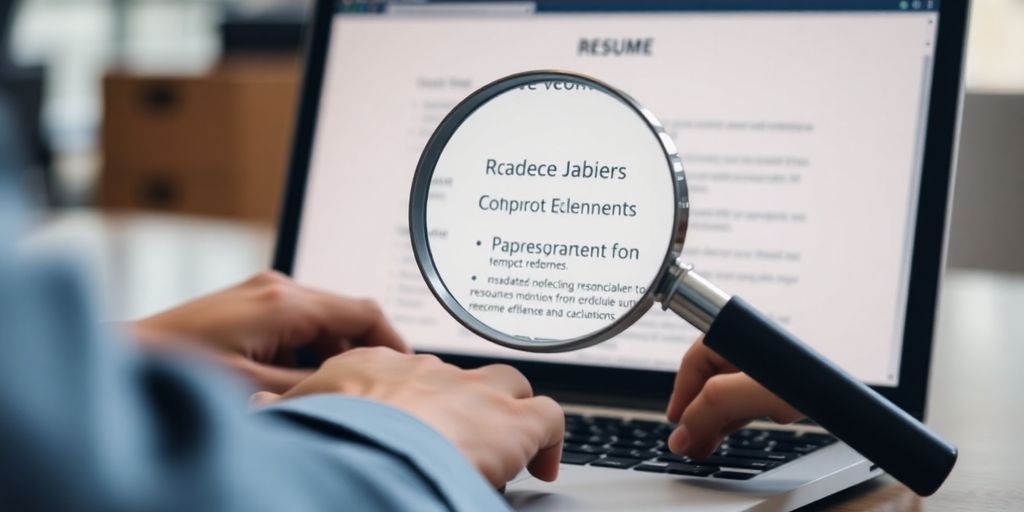 Resume on laptop screen, magnifying glass.