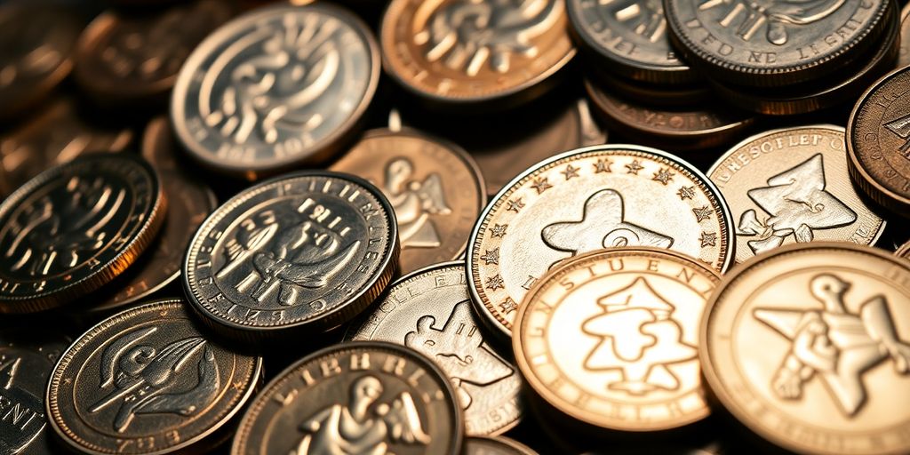 Close-up of rare coins in elegant display.