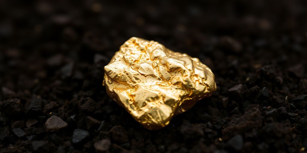 Gros plan d'un nugget d'or sur sol sombre.