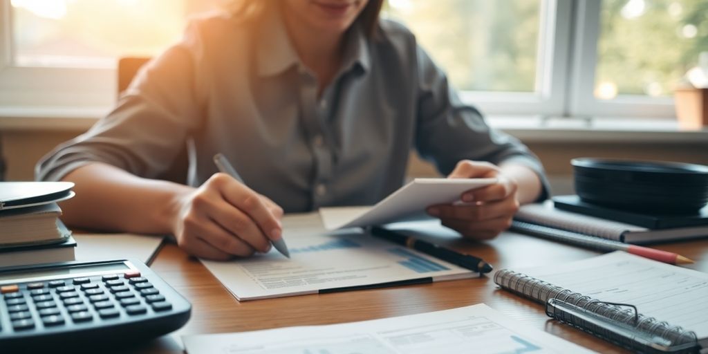 Person budgeting money with tools on a desk.