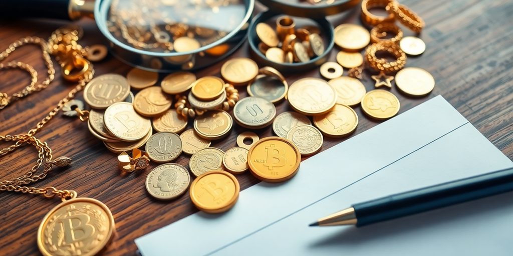 Différents objets en or sur une table en bois.