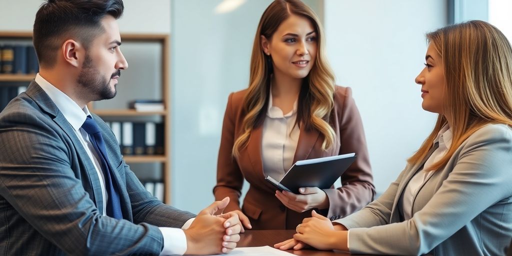 Lawyer consulting with client in an office setting.