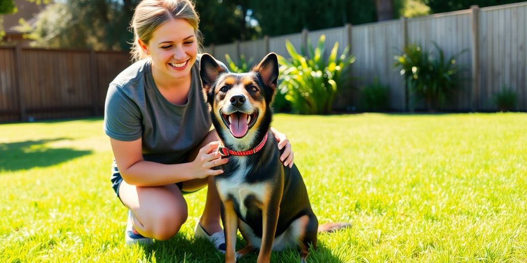 Happy dog performing a trick with trainer in Sydney backyard.