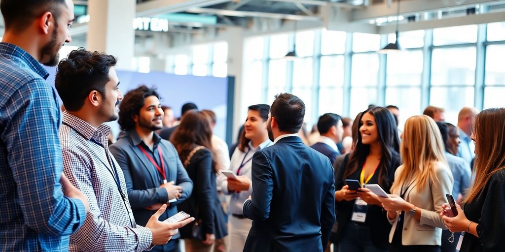 Emprendedores canadienses colaborando en un evento diverso.