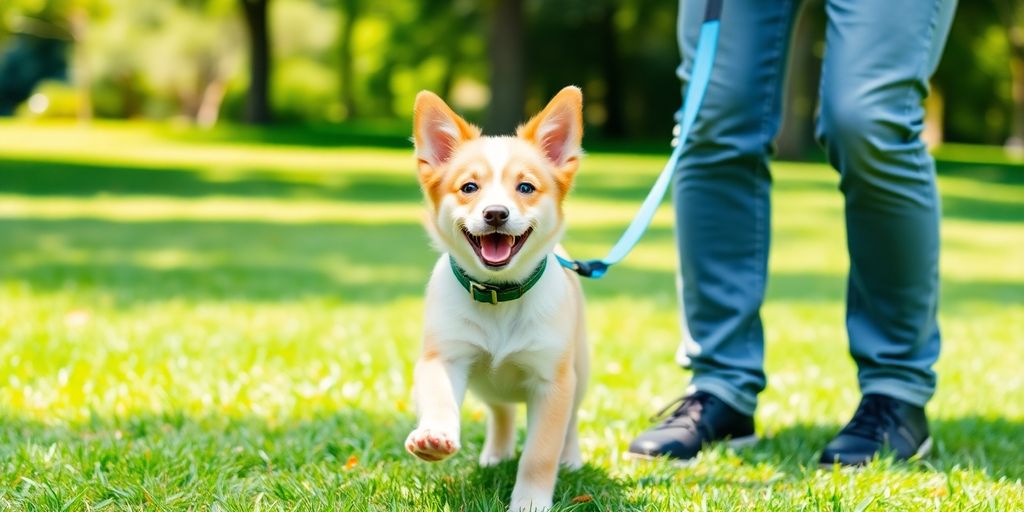Puppy walking on a leash with its owner in a park.