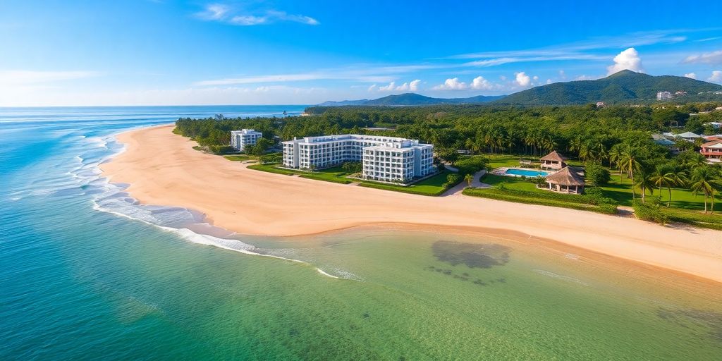 Aerial view of luxurious condos at Bang Tao Beach.