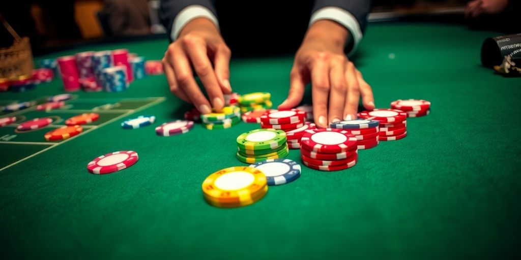Hands placing colorful poker chips on a table.