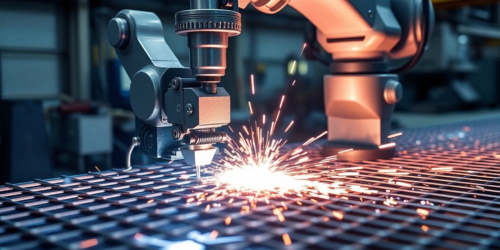 Robotic arm welding wire mesh, sparks flying.