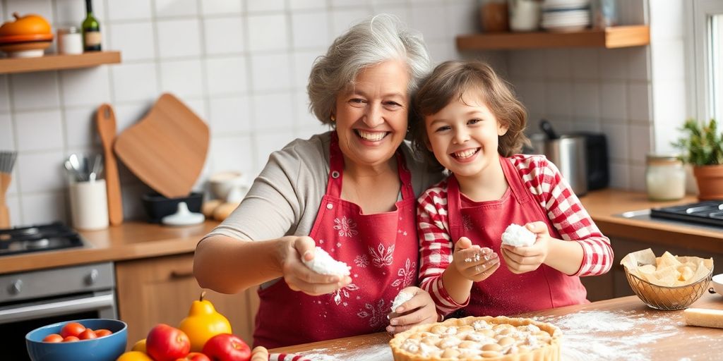 Grandmother and grandchild baking together in a cozy kitchen.