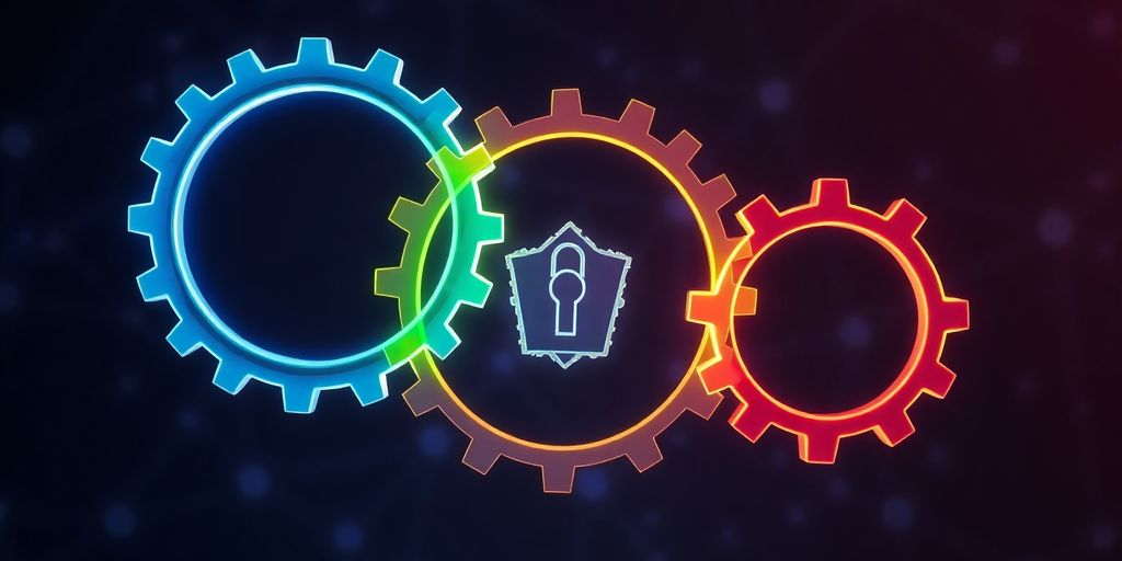 Interconnected gears representing blockchain trilemma balance.