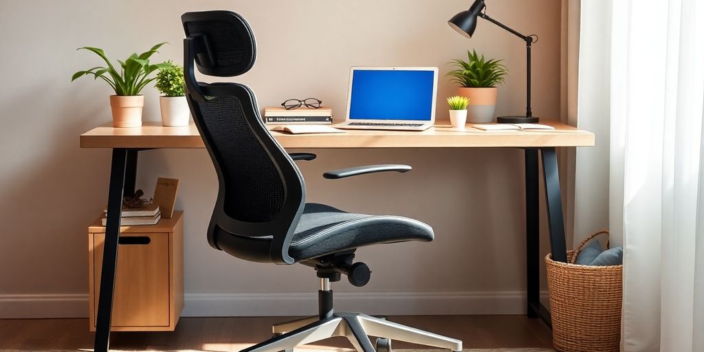 Ergonomic chair at a modern workspace with plants.