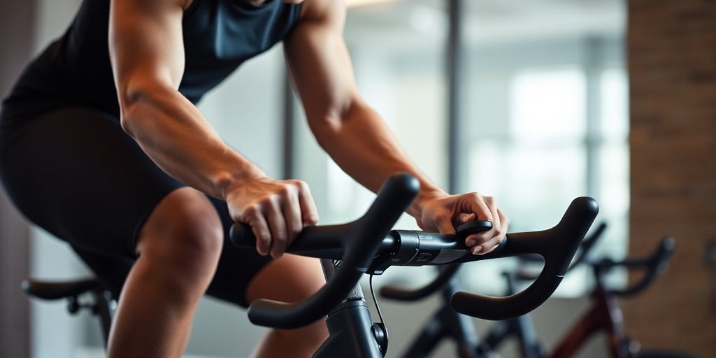 Cyclist powering up a steep indoor climb.