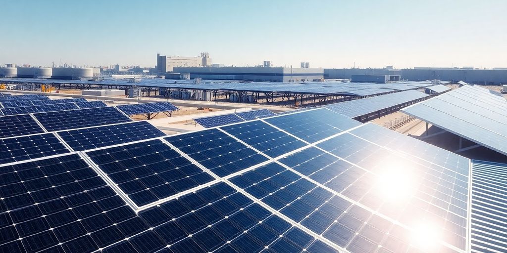 Industrial solar panels on rooftops under clear blue sky.