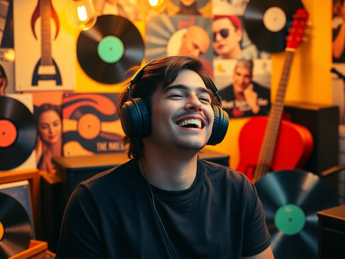 Person enjoying music surrounded by vinyl records and instruments.